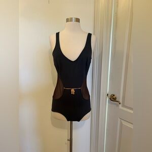 Navy Blue V-Neck One-Piece Swimsuit with Mesh Cut Outs